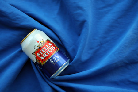 KYIV, UKRAINE - 4 MAY, 2023: Can of Stella Artois beer without alcohol and low in calories, Brewed by a Belgian breweryのeditorial素材