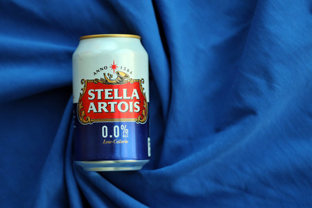KYIV, UKRAINE - 4 MAY, 2023: Can of Stella Artois beer without alcohol and low in calories, Brewed by a Belgian breweryのeditorial素材