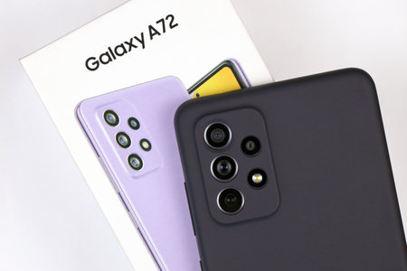 KYIV, UKRAINE - 4 MAY, 2023: Samsung Galaxy A72 Android smartphone with big display panel and type-c portのeditorial素材