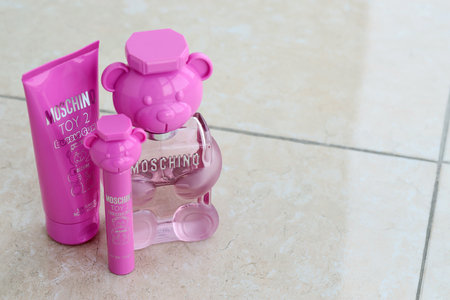 KYIV, UKRAINE - 4 MAY, 2023: Bottle of Toy bubble gum perfume by Moschino, is an Italian luxury fashion house founded in 1983 by Franco Moschino in Milanのeditorial素材