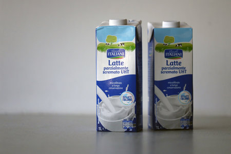 KYIV, UKRAINE - 4 MAY, 2023: Pascoli Italiani packages of latte tetra pack milk close upのeditorial素材