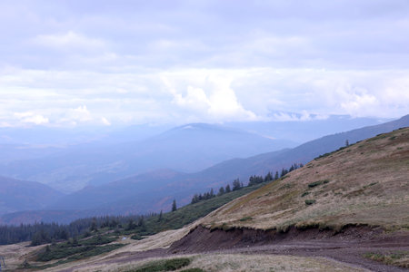 Morning view from the Dragobrat mountain peaks in Carpathian mountains, Ukraine. Cloudy and foggy landscape around Drahobrat Peaks in early morningの写真素材