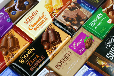 KHARKIV, UKRAINE - JANUARY 2, 2021 Roshen chocolate production. Roshen Confectionery Corporation is a Ukrainian confectionery manufacturing group since 1996のeditorial素材