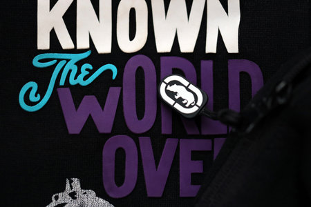 KYIV, UKRAINE - 4 MAY, 2023: Ecko Unltd company logo on new brand clothes close up