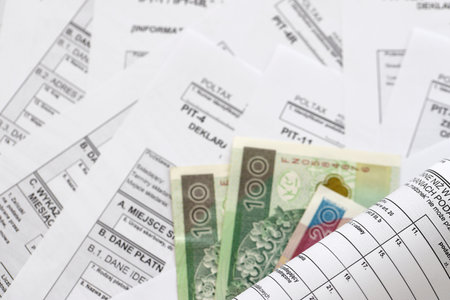 Polish zloty money PLN on big amount of polish PIT, CIT and VAT tax forms close up. Accounting,...