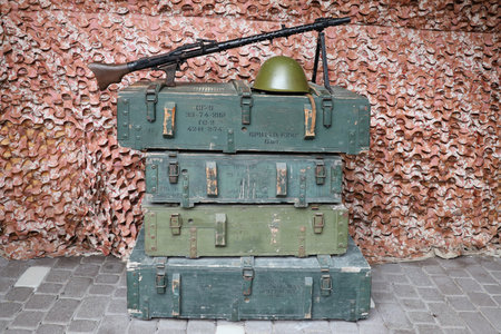 Soviet army ammunition stack of green crates with russian names of ammo type and category numberの写真素材