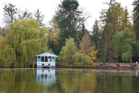 Beautiful Nature Autumn landscape with lake. Scenery view on autumn city park with golden yellow foliage in cloudy day. Walking paths in the city Park strewn with autumn fallen leavesの写真素材