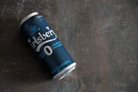 KYIV, UKRAINE - 4 MAY, 2023: Carlsberg zero alcohol or non alcohol aluminium tin can close upのeditorial素材