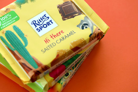 TERNOPIL, UKRAINE - JULY 7, 2023 Ritter Sport Chocolate square bars with exotic taste close upのeditorial素材