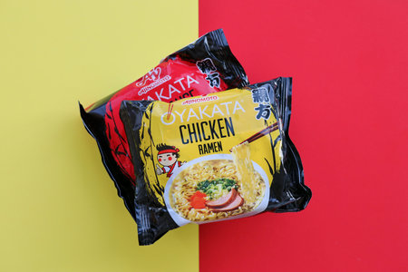 KYIV, UKRAINE - OCTOBER 31, 2023 Packs of of Ajinomoto Oyakata Japanese instant noodles chicken ramen and soy sauce ramen close upのeditorial素材