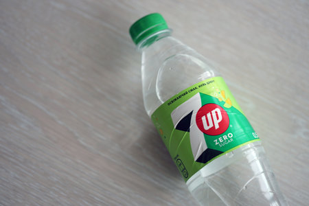 KYIV, UKRAINE - OCTOBER 31, 2023 7up 0,5 liter zero sugar plastic bottle. Seven up owned by Keurig Dr Pepper although the beverage is internationally distributed by PepsiCoのeditorial素材
