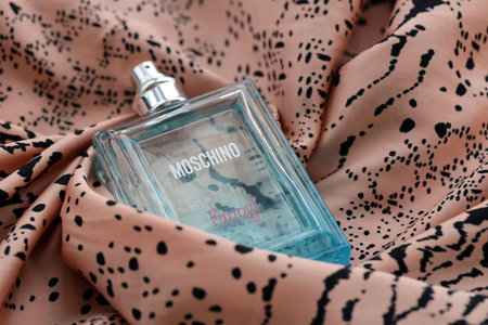 KYIV, UKRAINE - OCTOBER 31, 2023 Moschino Funny blue perfume bottle. Moschino is Italian luxury fashion house founded in 1983 by Franco Moschino in Milanのeditorial素材