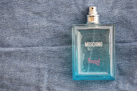 KYIV, UKRAINE - OCTOBER 31, 2023 Moschino Funny blue perfume bottle. Moschino is Italian luxury fashion house founded in 1983 by Franco Moschino in Milanのeditorial素材