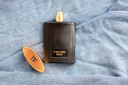 KYIV, UKRAINE - OCTOBER 31, 2023 Tom Ford Noir perfume bottle. Tom Ford is American fashion designer launched his eponymous luxury brand in 2006のeditorial素材