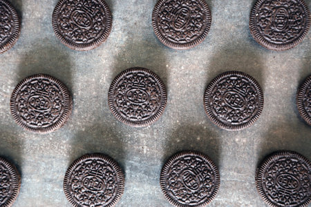 KYIV, UKRAINE - 4 MAY, 2023: Oreo double creme sandwich cookies with cream filling close up on dark backgroundのeditorial素材