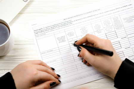 Accountant fill french tax form 2041E Withholding tax declaration in end of tax period. Taxation and paperwork routine in Franceの写真素材