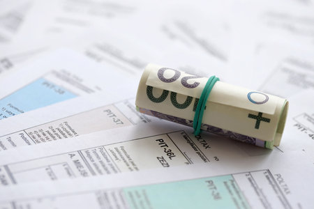 Polish zloty money on big amount of polish tax forms close up. Accounting, bureaucracy and taxpayers routine in Polandの写真素材