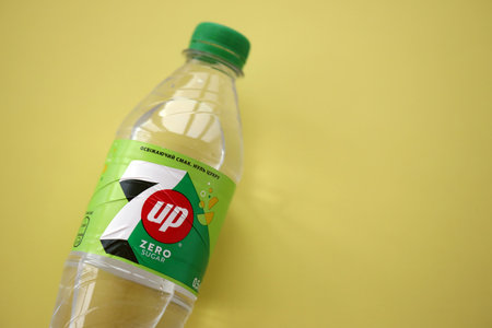 KYIV, UKRAINE - OCTOBER 31, 2023 7up 0,5 liter zero sugar plastic bottle. Seven up owned by Keurig...