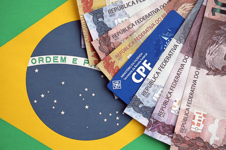 KYIV, UKRAINE - OCTOBER 31, 2023 Blue CPF card document template. The document guarantees authenticity and integrity in electronic communication between people in Brazil. Cadastro de Pessoa Fisicaのeditorial素材