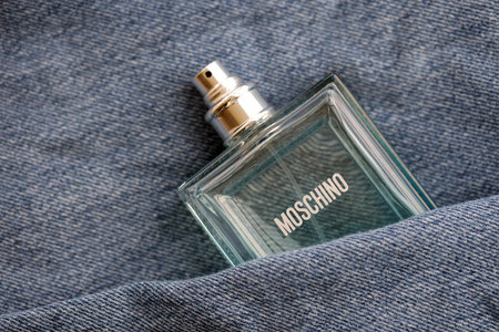 KYIV, UKRAINE - OCTOBER 31, 2023 Moschino Funny blue perfume bottle. Moschino is Italian luxury fashion house founded in 1983 by Franco Moschino in Milanのeditorial素材