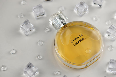 KHARKIV, UKRAINE - JANUARY 2, 2021 Bottle of Chance by Chanel, a French luxury fashion house founded in 1910 by Coco Chanel in Parisのeditorial素材