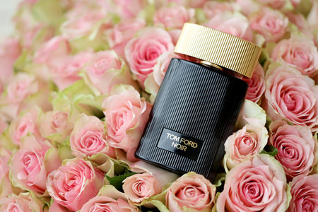 KHARKIV, UKRAINE - JANUARY 2, 2021 Perfume bottle of Noir by Tom Ford, a luxury fashion house founded by designer Tom Ford in 2005のeditorial素材