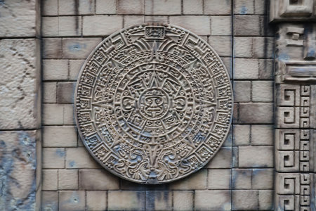 Ancient Mayan Calendar or Aztec calendar with rough relief surface outdoors
