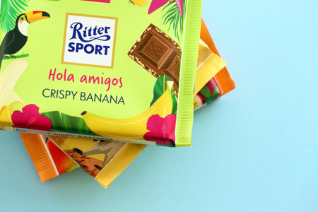 TERNOPIL, UKRAINE - JULY 7, 2023 Ritter Sport Chocolate square bars with exotic taste close upのeditorial素材