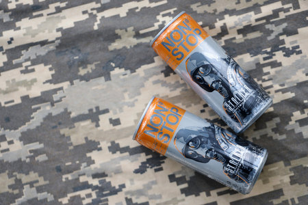 KYIV, UKRAINE - OCTOBER 31, 2023 Non Stop energy drink with limited edition design of Stalker and...
