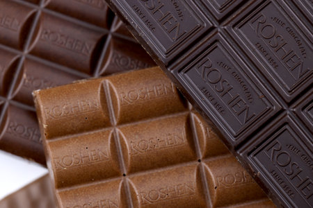 KHARKIV, UKRAINE - JANUARY 2, 2021 Roshen chocolate production. Roshen Confectionery Corporation is a Ukrainian confectionery manufacturing group since 1996のeditorial素材