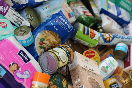KYIV, UKRAINE - 4 MAY, 2023: Big stack of humanitarian aid food and products from europe to...