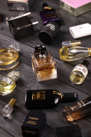 KHARKIV, UKRAINE - JANUARY 2, 2021 Many Fragrance perfume bottles of various famous brands of...