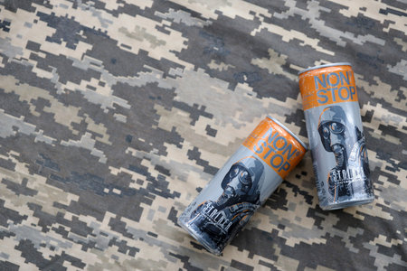 KYIV, UKRAINE - OCTOBER 31, 2023 Non Stop energy drink with limited edition design of Stalker and...