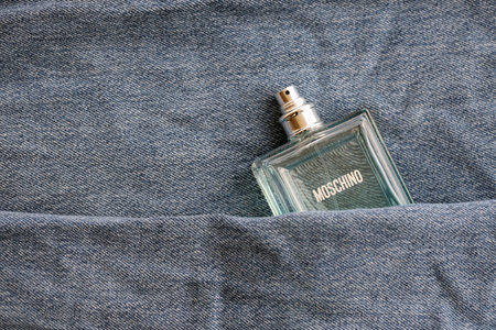 KYIV, UKRAINE - OCTOBER 31, 2023 Moschino Funny blue perfume bottle. Moschino is Italian luxury...