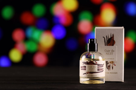 KHARKIV, UKRAINE - JANUARY 2, 2021 Bottle of Cuir de Nuit perfume by Yves Rocher, a French skin care, cosmetics and perfume company, founded in 1965のeditorial素材