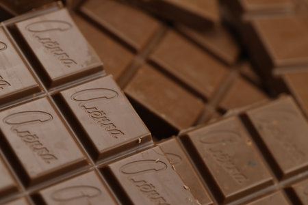 KHARKIV, UKRAINE - JANUARY 27, 2021 Alyonka chocolate square bars - product from Red October chocolate factory. Old russian traditional chocolate designのeditorial素材