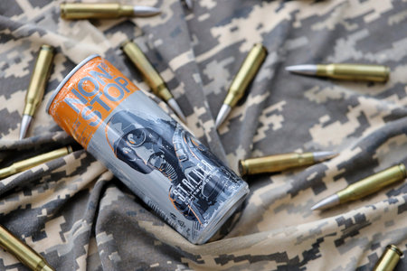 KYIV, UKRAINE - OCTOBER 31, 2023 Non Stop energy drink with limited edition design of Stalker and...