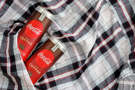 KYIV, UKRAINE - OCTOBER 31, 2023 Can of Coca Cola with coffee flavor. Closed tin can of drink with...