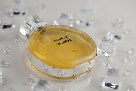 KHARKIV, UKRAINE - JANUARY 2, 2021 Bottle of Chance by Chanel, a French luxury fashion house founded in 1910 by Coco Chanel in Parisのeditorial素材