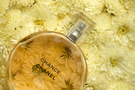 KHARKIV, UKRAINE - JANUARY 2, 2021 Bottle of Chance by Chanel, a French luxury fashion house founded in 1910 by Coco Chanel in Parisのeditorial素材