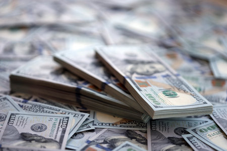 Very big amount of US hundred dollar bills close up. Huge quantity of united states currency notes...