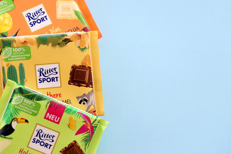 TERNOPIL, UKRAINE - JULY 7, 2023 Ritter Sport Chocolate square bars with exotic taste close upのeditorial素材