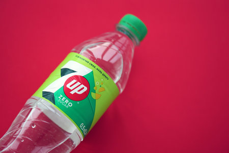 KYIV, UKRAINE - OCTOBER 31, 2023 7up 0,5 liter zero sugar plastic bottle. Seven up owned by Keurig Dr Pepper although the beverage is internationally distributed by PepsiCoのeditorial素材