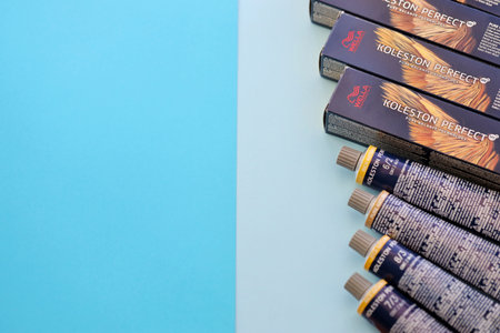 KYIV, UKRAINE - OCTOBER 31, 2023 Welloxon perfect and Koleston perfect production of Wella brand. Wella Professionals It is a brand of hair color and hair care products worldwideのeditorial素材