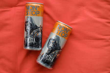 KYIV, UKRAINE - OCTOBER 31, 2023 Non Stop energy drink with limited edition design of Stalker and...
