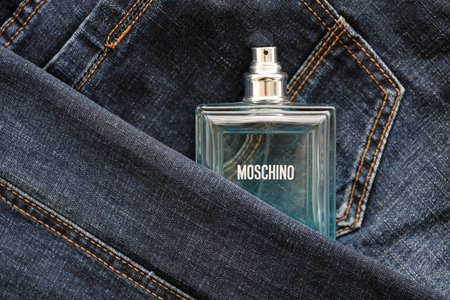 KYIV, UKRAINE - OCTOBER 31, 2023 Moschino Funny blue perfume bottle. Moschino is Italian luxury fashion house founded in 1983 by Franco Moschino in Milanのeditorial素材