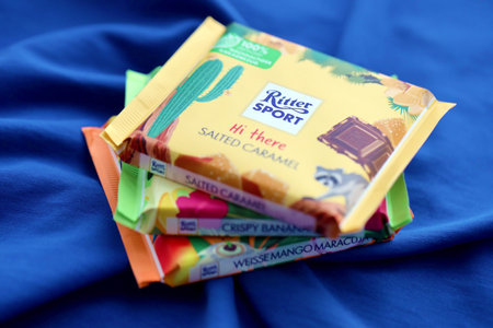 TERNOPIL, UKRAINE - JULY 7, 2023 Ritter Sport Chocolate square bars with exotic taste close up