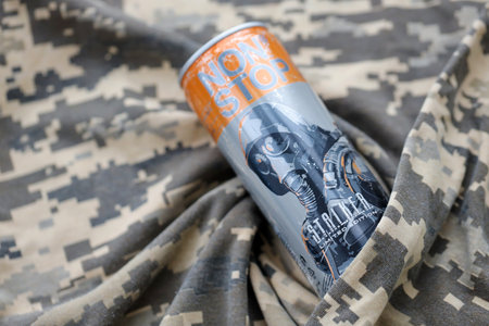 KYIV, UKRAINE - OCTOBER 31, 2023 Non Stop energy drink with limited edition design of Stalker and...