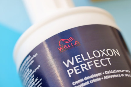 KYIV, UKRAINE - OCTOBER 31, 2023 Welloxon perfect and Koleston perfect production of Wella brand. Wella Professionals It is a brand of hair color and hair care products worldwideのeditorial素材
