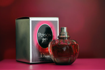 KYIV, UKRAINE - 4 MAY, 2023: Bottle of Poison Girl perfume by Dior, a French multinational luxury fashion house founded in 1946のeditorial素材